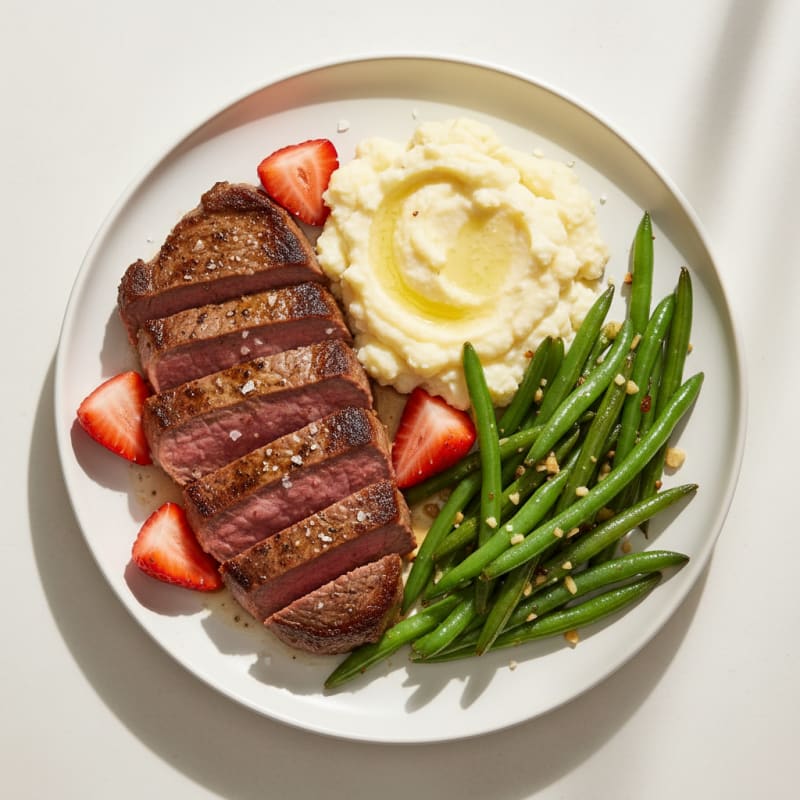 Seared Lean Beef with Garlic Green Beans and Mashed Cauliflower