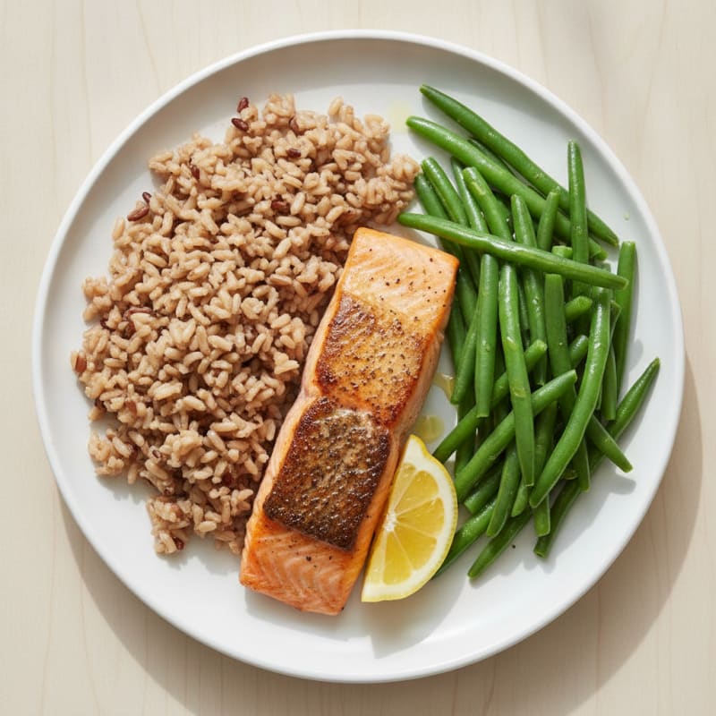 Seared Salmon Fillet with Steamed Green Beans and Brown Rice