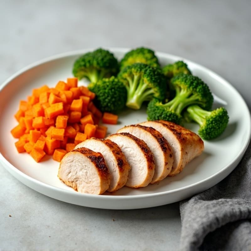 Seared Turkey Breast with Steamed Broccoli and Roasted Sweet Potato