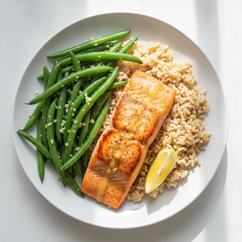 Seared Salmon with Garlic Green Beans and Brown Rice