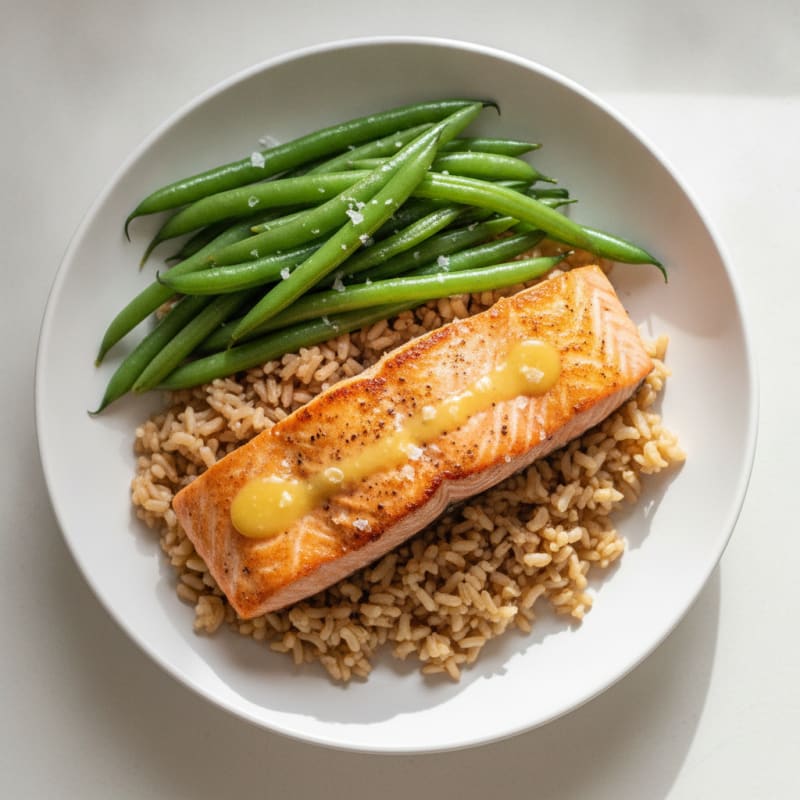 Seared Salmon with Steamed Green Beans and Brown Rice