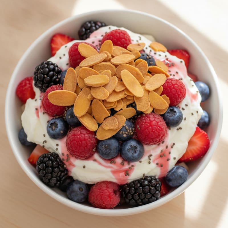 Greek Yogurt Protein Parfait with Mixed Berries and Almonds