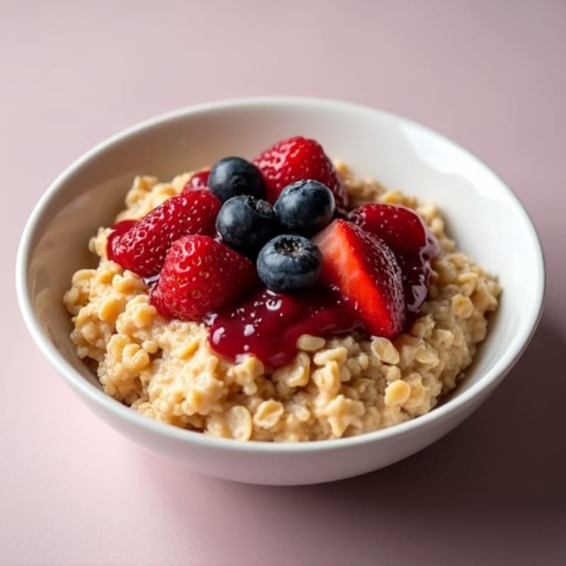 Creamy Baked Peanut Butter Protein Oats with Warm Berry Compote