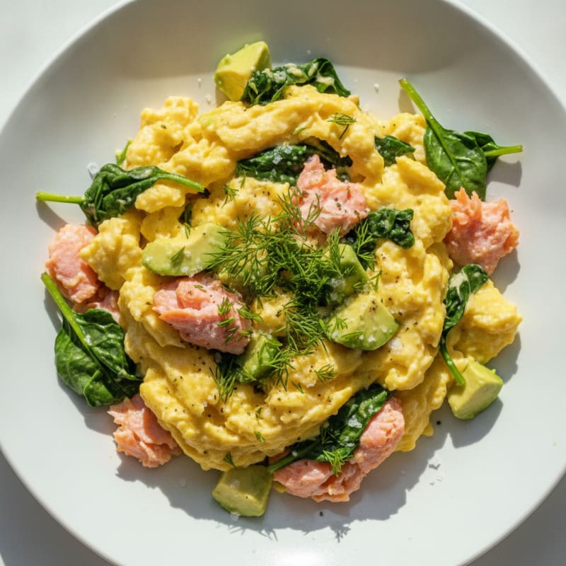 Scrambled Eggs with Smoked Salmon and Fresh Spinach