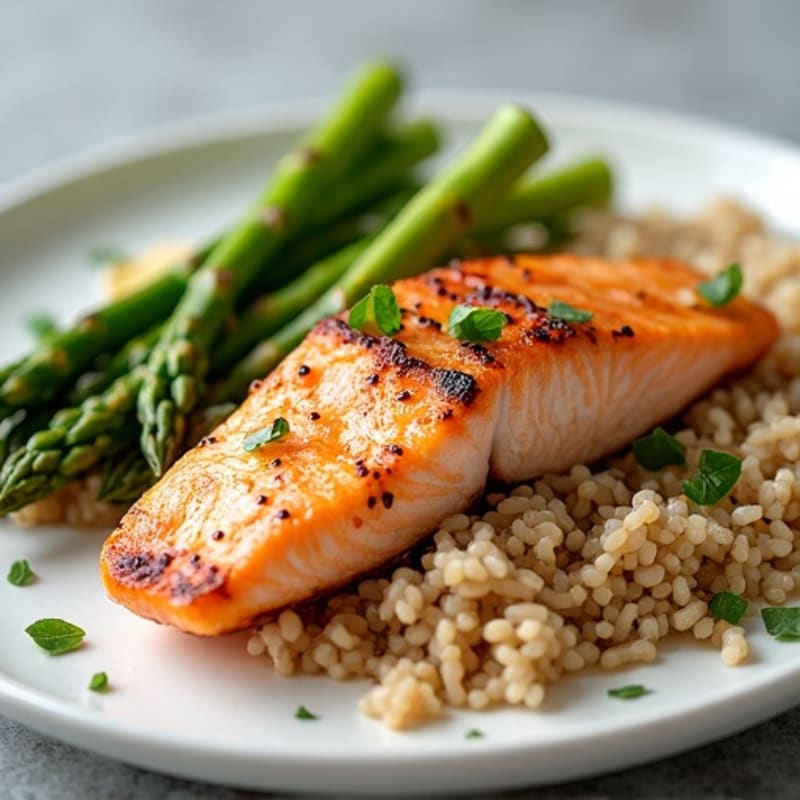 Grilled Salmon Fillet with Steamed Asparagus and Brown Rice