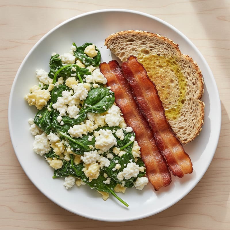 Cottage Cheese Scramble with Spinach and Turkey Bacon