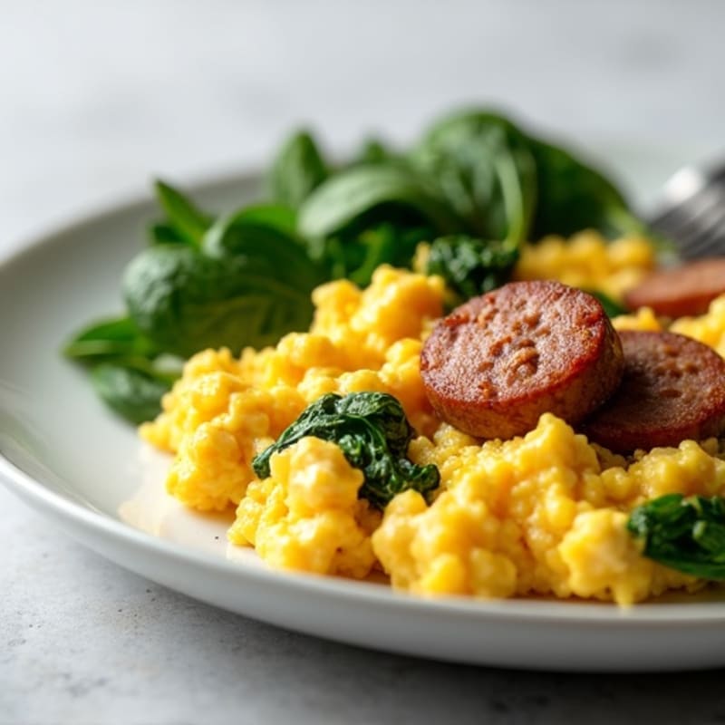 Egg White Scramble with Turkey Sausage and Sautéed Spinach