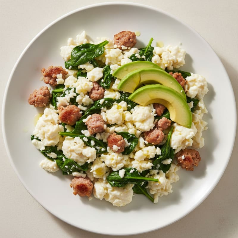 Egg White Scramble with Turkey Sausage and Sautéed Spinach