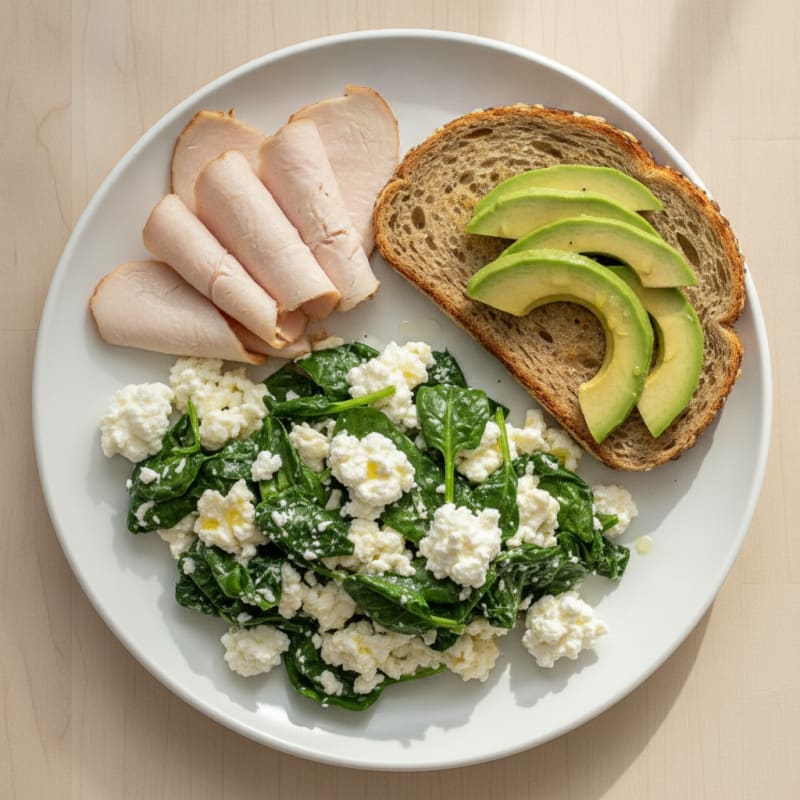 Egg White and Spinach Scramble with Cottage Cheese and Sliced Turkey