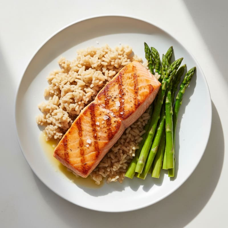 Seared Salmon Fillet with Steamed Asparagus and Brown Rice