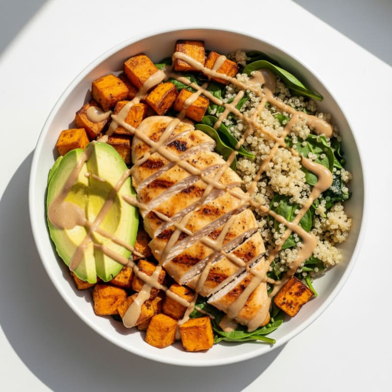 Grilled Chicken and Quinoa Power Bowl with Roasted Sweet Potato and Avocado
