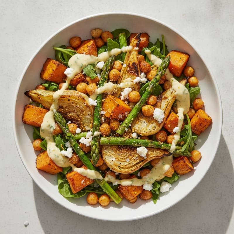 Roasted Sweet Potato, Fennel, and Asparagus with Chickpeas