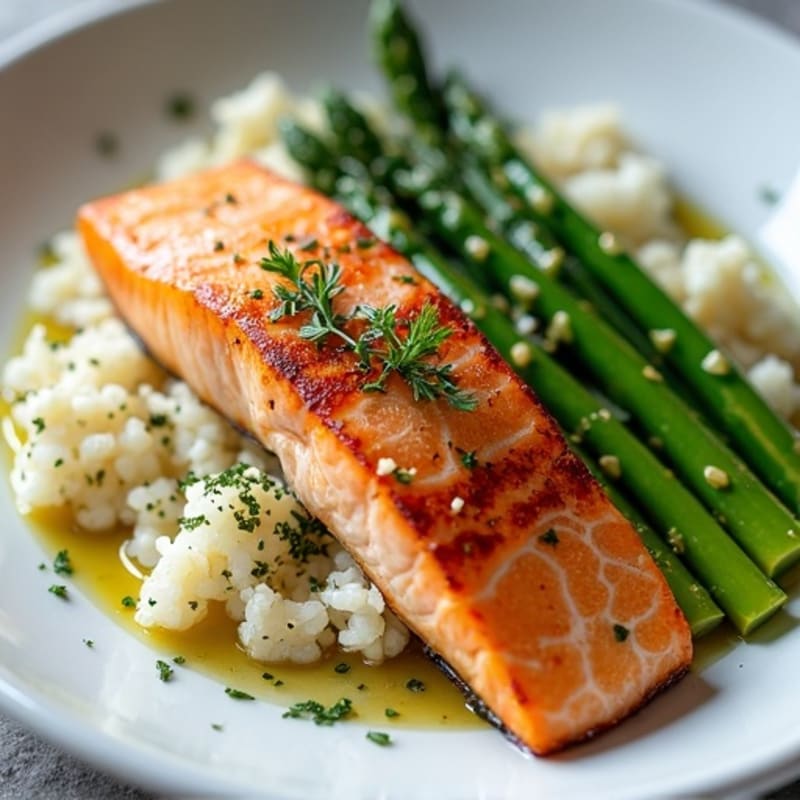 Seared Salmon with Steamed Asparagus and Herbed Cauliflower Rice