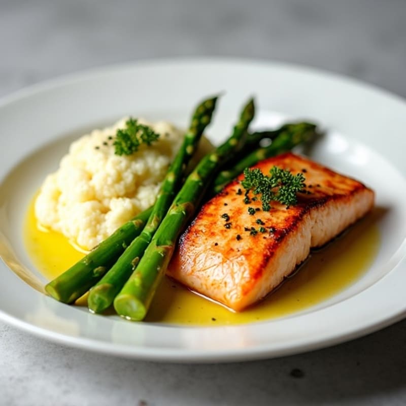 Seared Salmon with Steamed Asparagus and Cauliflower Mash