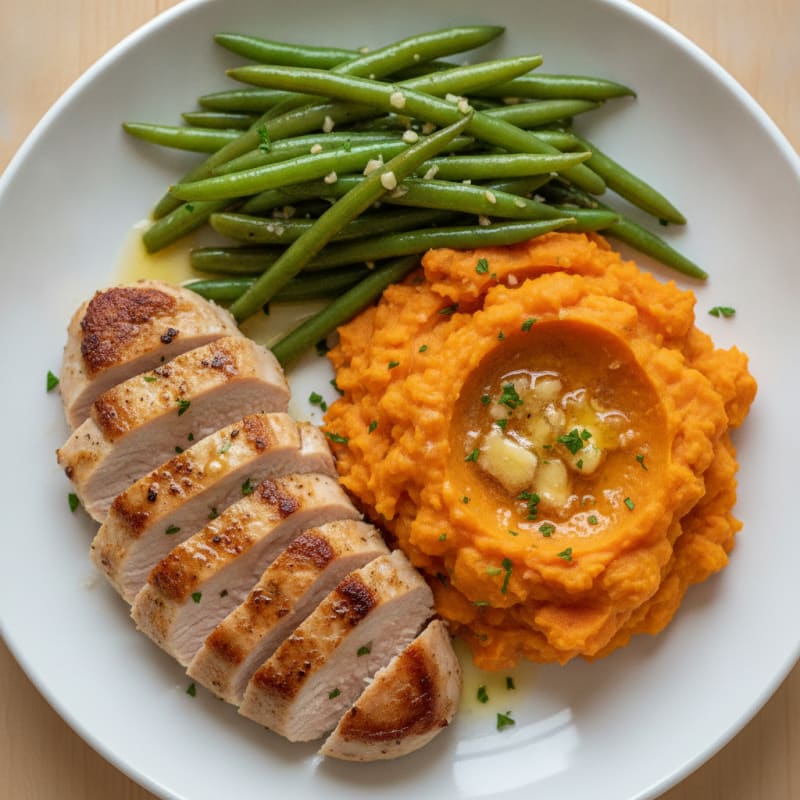Seared Turkey Breast with Garlic Green Beans and Mashed Sweet Potato