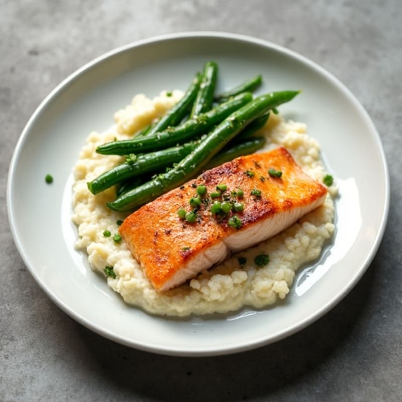 Seared Salmon with Steamed Green Beans and Cauliflower Mash