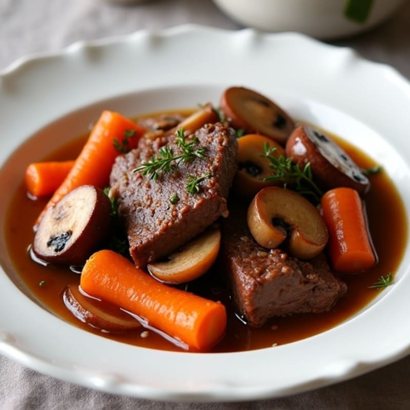 Tender Braised Beef with Red Wine, Mushrooms, and Carrots