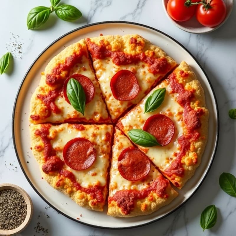 Cauliflower-Crust Pizza with Turkey Pepperoni and Melted Mozzarella