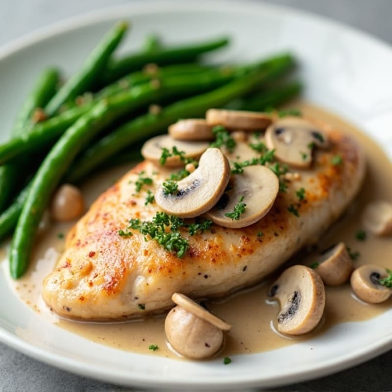 Pan-Seared Chicken with Creamy Mushroom Gravy and Roasted Green Beans