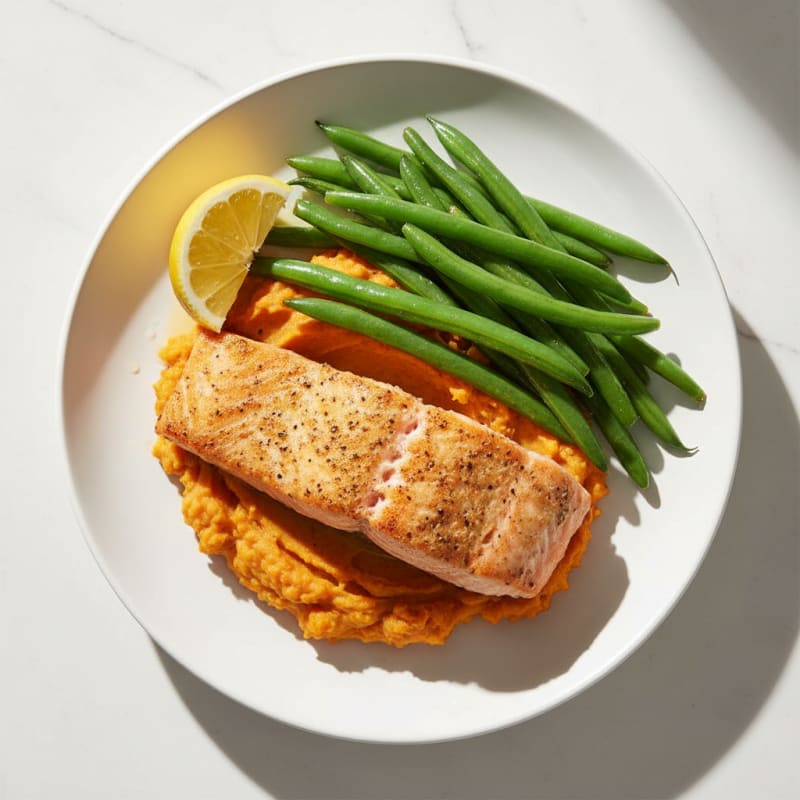 Seared Salmon Fillet with Steamed Green Beans and Sweet Potato Mash