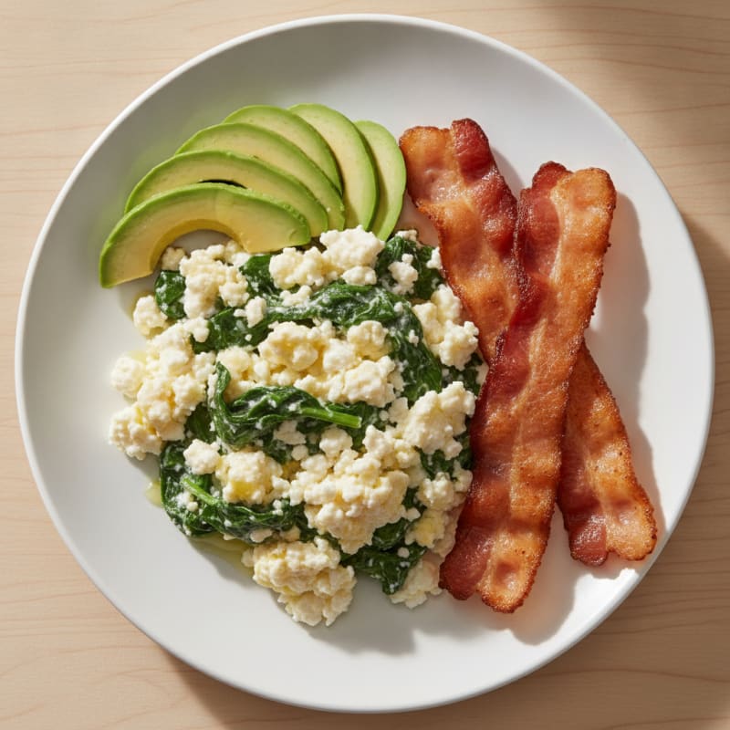 Cottage Cheese Egg Scramble with Sautéed Spinach and Turkey Bacon