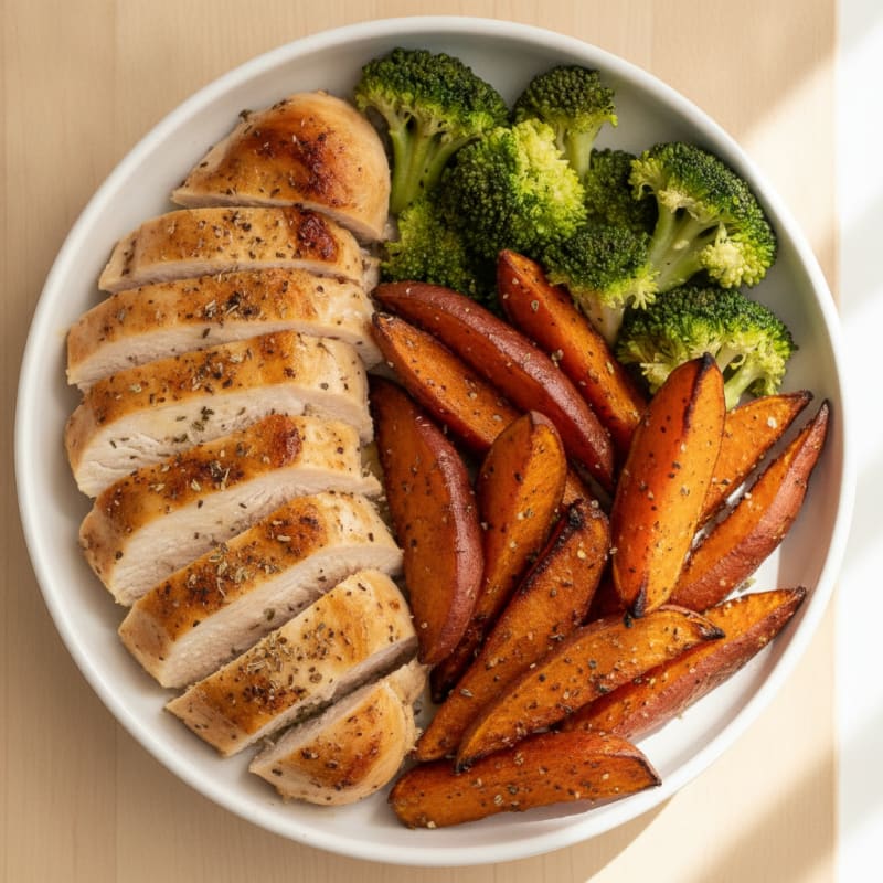 Roasted Red Sweet Potato Wedges with Herb Chicken