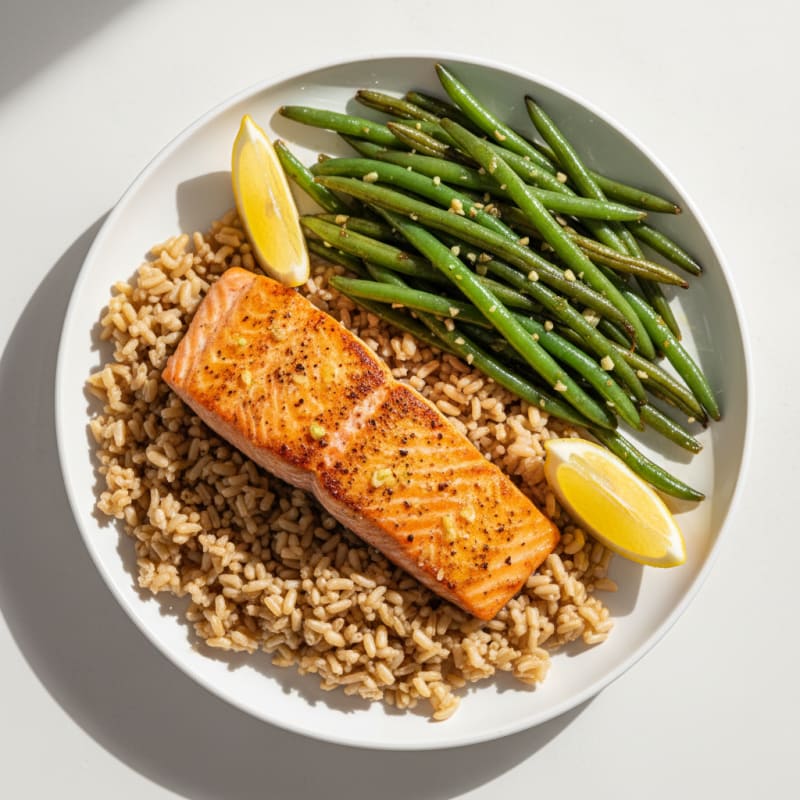 Seared Salmon Fillet with Garlic Green Beans and Brown Rice