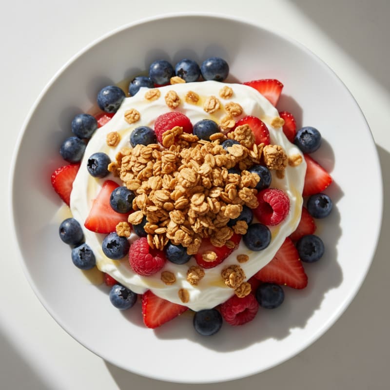 Vanilla Greek Yogurt Parfait with Mixed Berries and Protein Granola