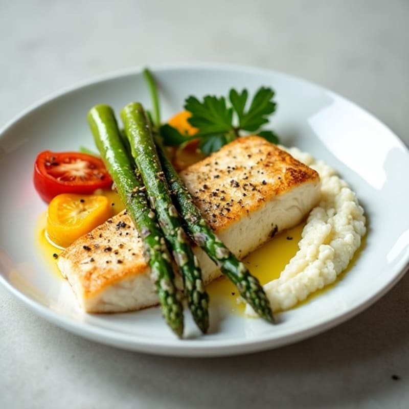 Seared Cod Fillet with Roasted Asparagus and Cauliflower Mash