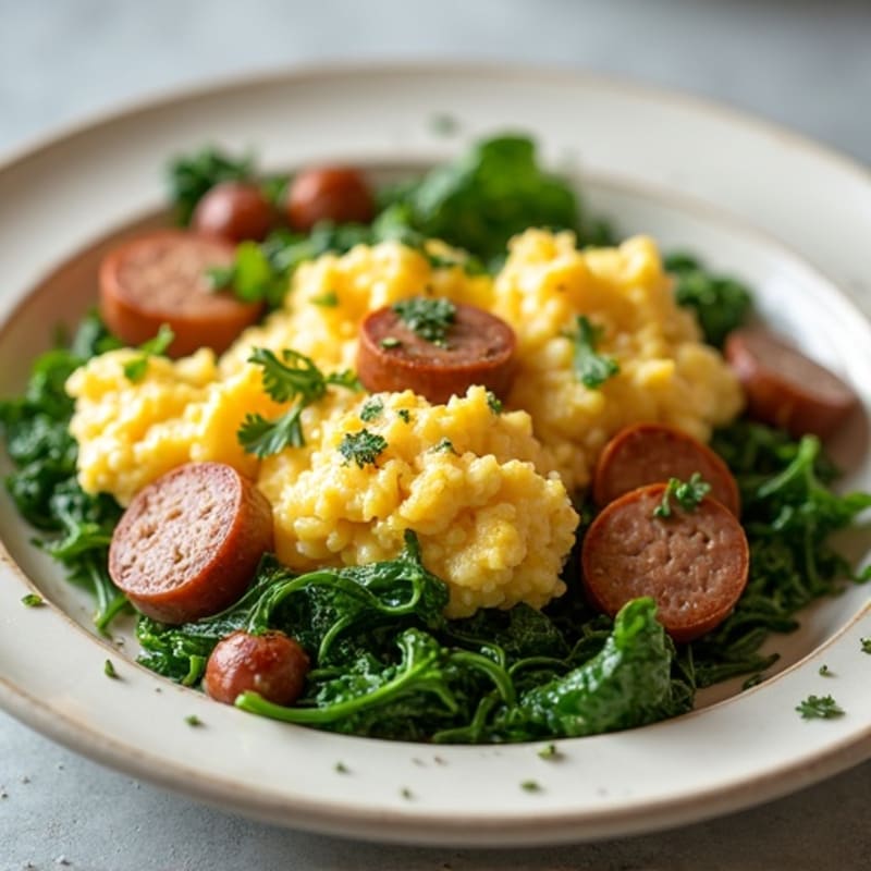 Egg White and Turkey Sausage Scramble with Sautéed Spinach