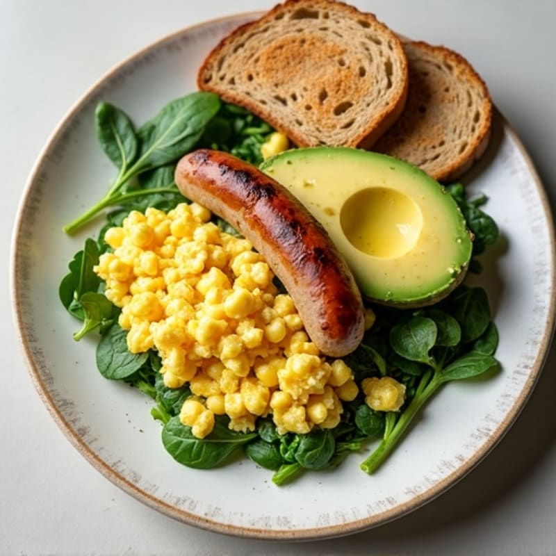 Egg White Scramble with Spinach, Turkey Sausage, Avocado & Toast