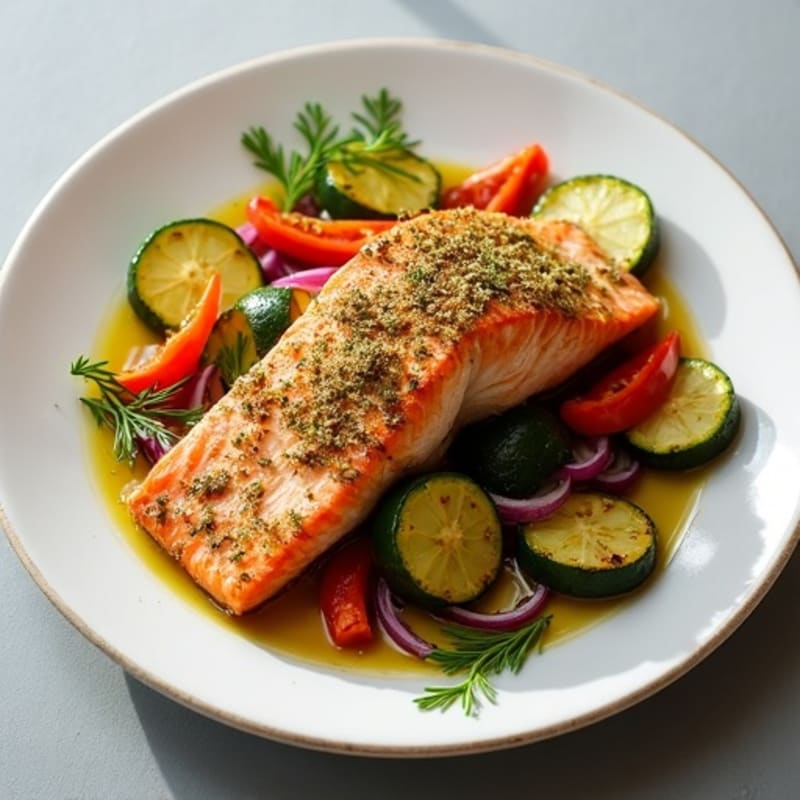 Herb-Crusted Baked Salmon with Roasted Vegetables