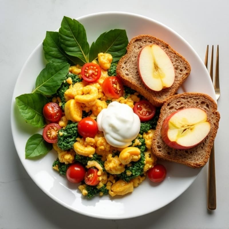 Egg White Spinach Scramble with Cottage Cheese and Roasted Tomatoes