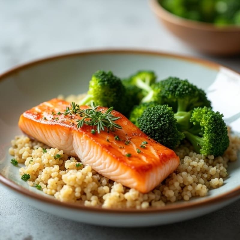 Seared Salmon with Steamed Broccoli and Quinoa