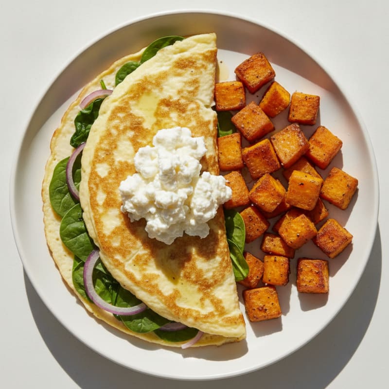 Egg White Omelette with Baby Spinach, Red Onion, and Cottage Cheese