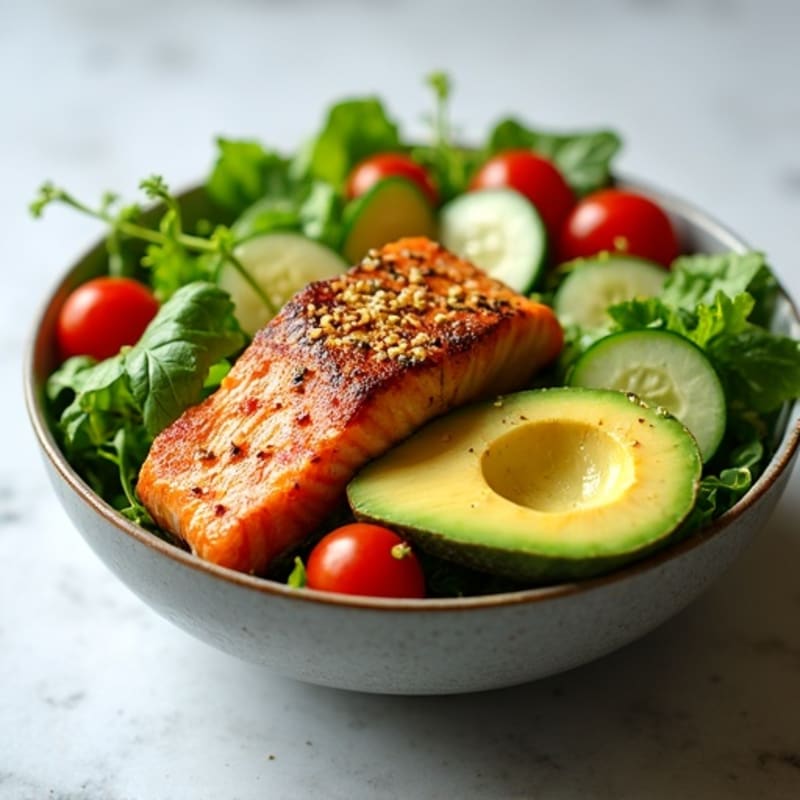 Crispy Salmon Power Bowl with Fresh Greens and Creamy Avocado Dressing