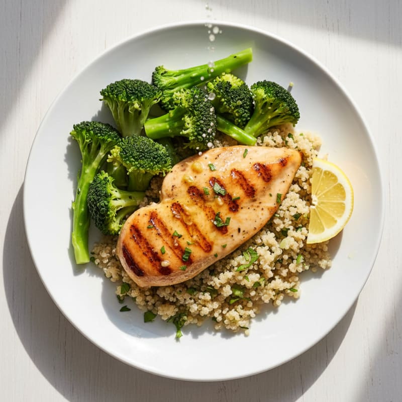 Grilled Chicken Breast with Quinoa and Steamed Broccoli