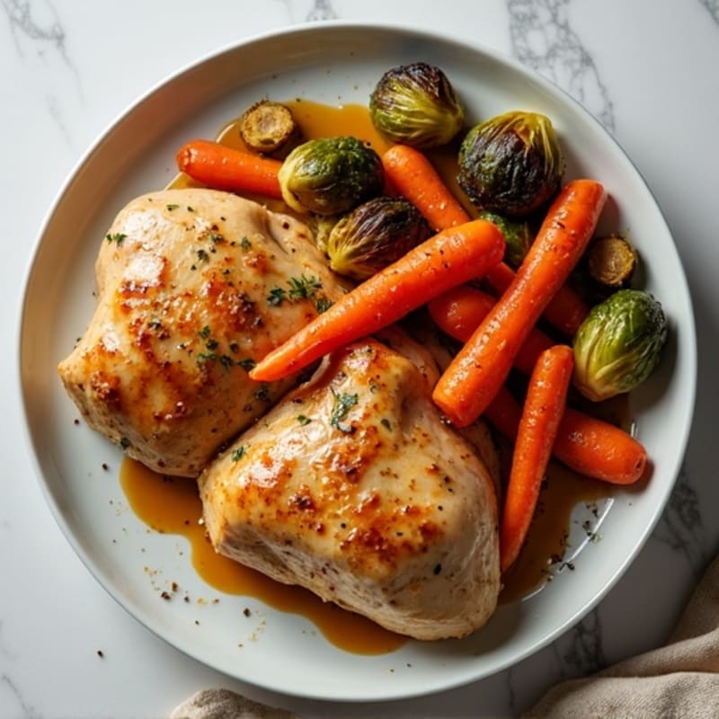 Roasted Chicken with Maple Glazed Carrots and Crispy Brussels Sprouts