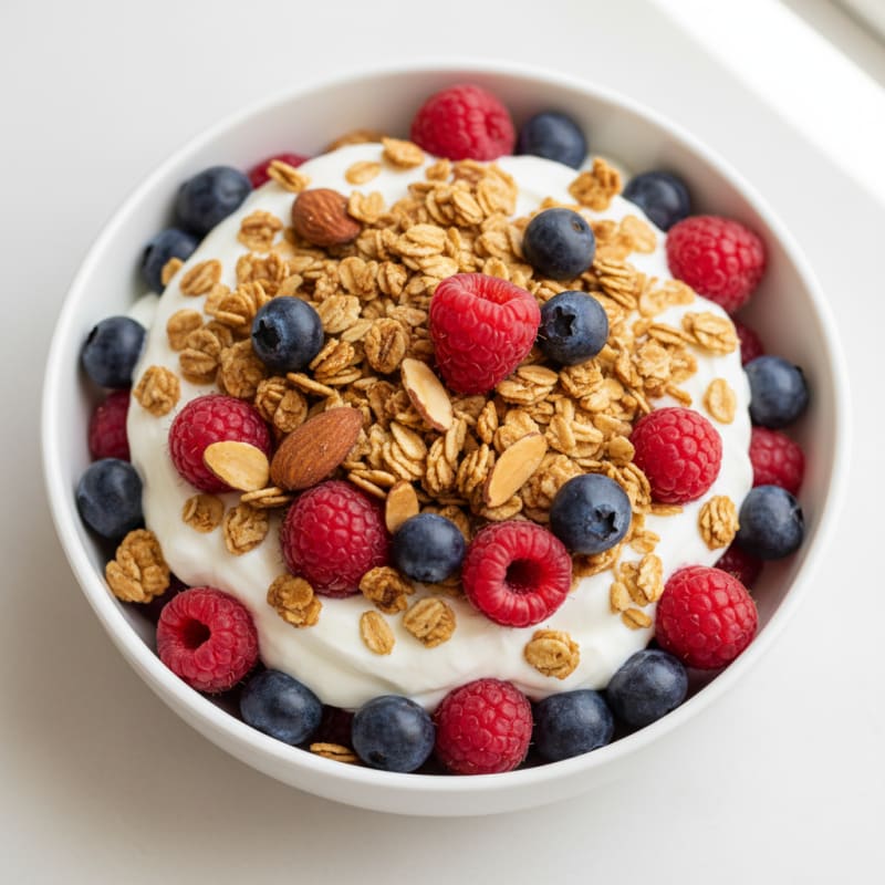 Greek Yogurt Parfait with Mixed Berries and Crunchy Almond Granola