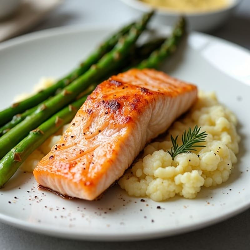 Seared Salmon with Steamed Asparagus and Cauliflower Mash