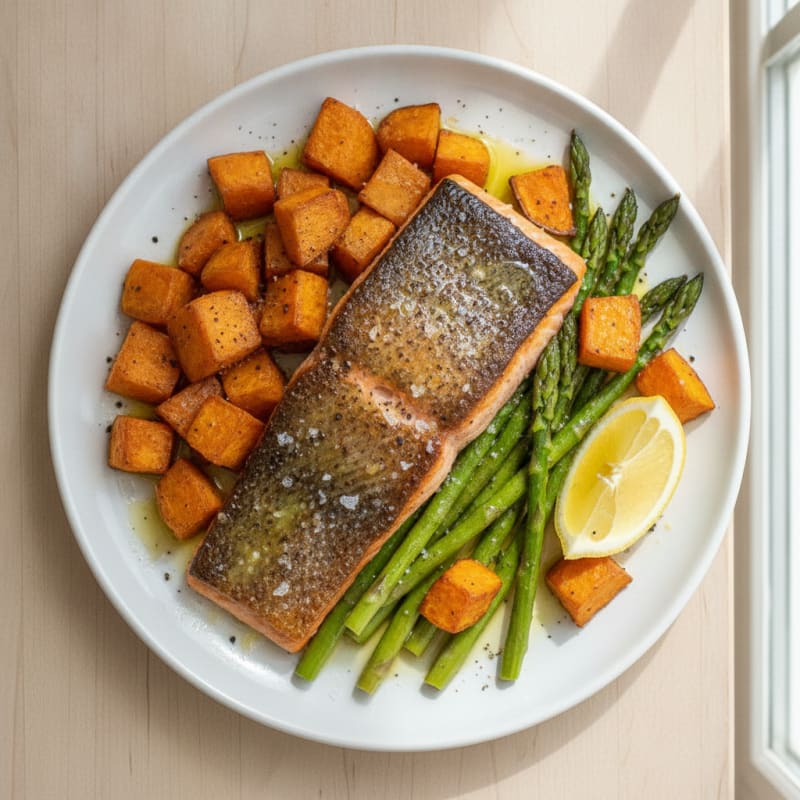 Seared Salmon with Roasted Sweet Potatoes and Asparagus