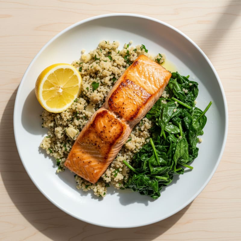 Seared Salmon Fillet with Garlic Quinoa and Sautéed Spinach