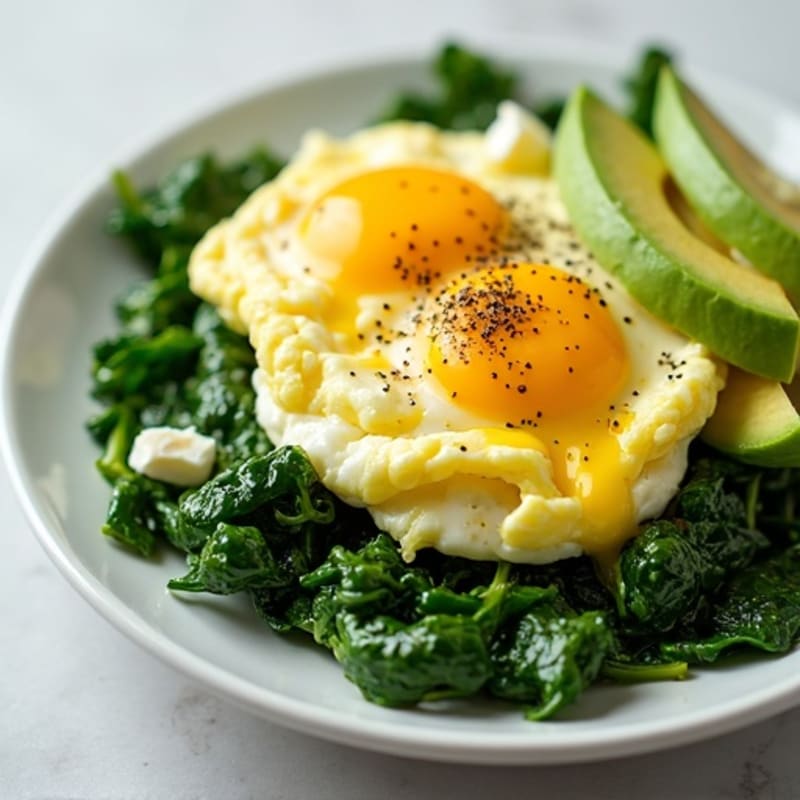 Scrambled Eggs with Cottage Cheese and Sautéed Spinach