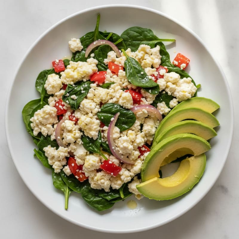 Egg White Veggie Scramble with Cottage Cheese and Sautéed Spinach