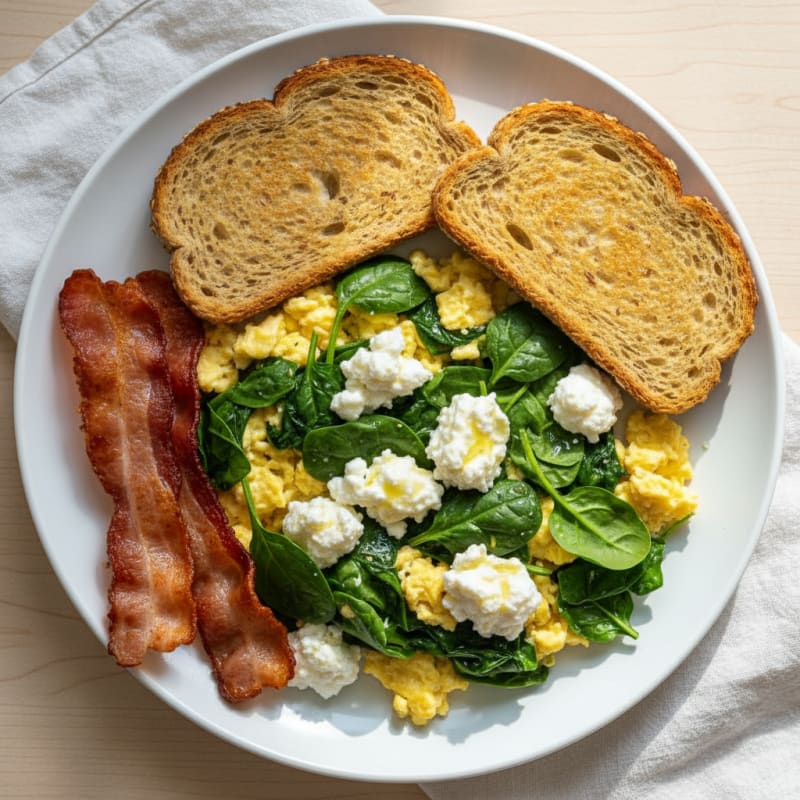 Cottage Cheese Scramble with Spinach and Turkey Bacon