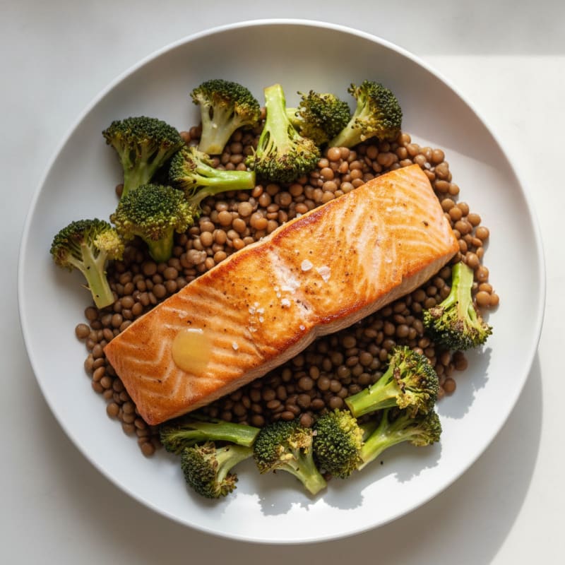 Pan-Seared Salmon with Roasted Broccoli and Lentils