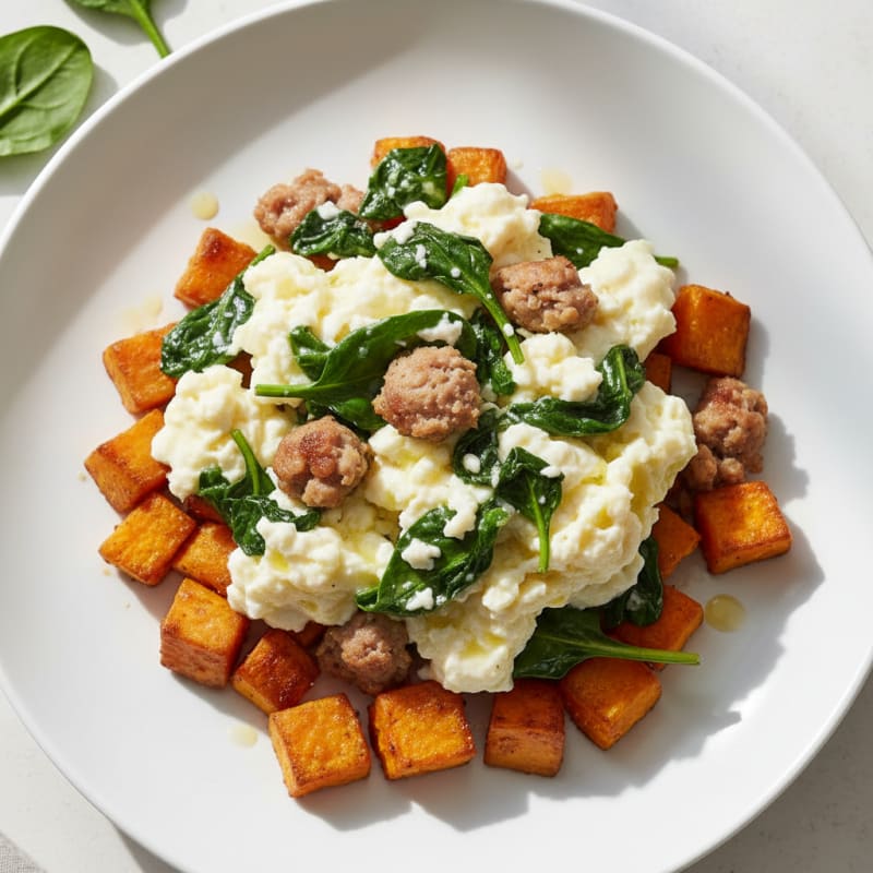 Egg White and Turkey Sausage Scramble with Spinach and Roasted Sweet Potatoes