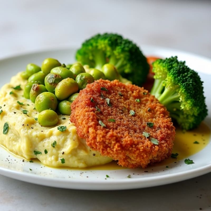 Crispy Baked Seitan with Roasted Broccoli and Edamame Mash