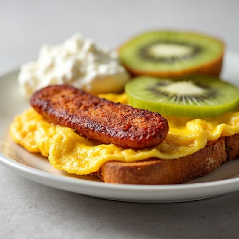 Crispy Turkey Sausage with Scrambled Eggs Toast, Cottage Cheese, and Fresh Kiwi