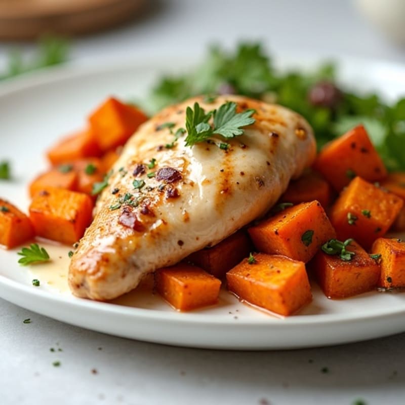 Chicken with Creamy Salted Date Glaze and Roasted Sweet Potatoes